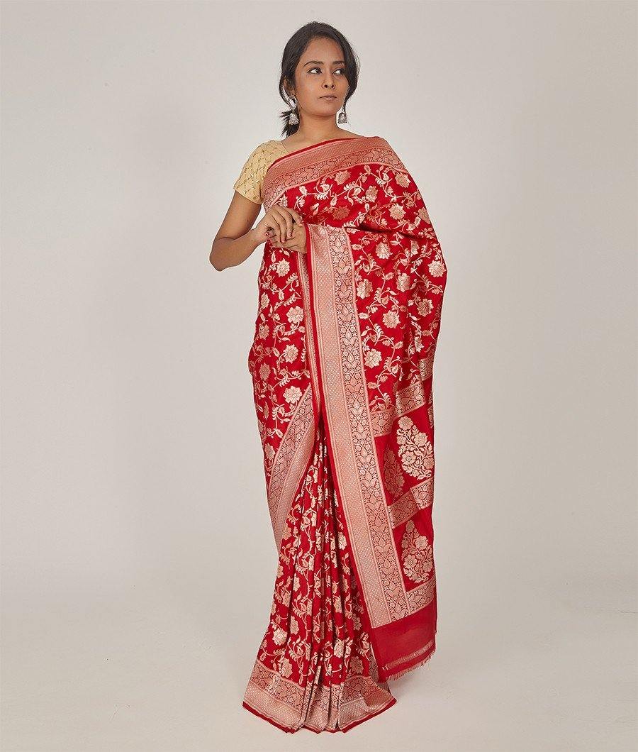 Red Banarasi Katan Silk Saree Gold Zari Full Zari Weaving - kaystore.in