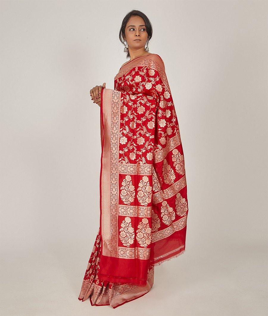 Red Banarasi Katan Silk Saree Gold Zari Full Zari Weaving - kaystore.in