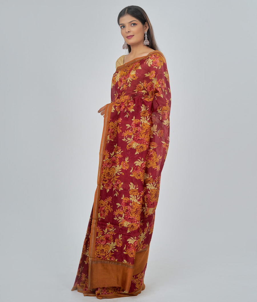 Red Chanderi Saree Floral Print - kaystore.in