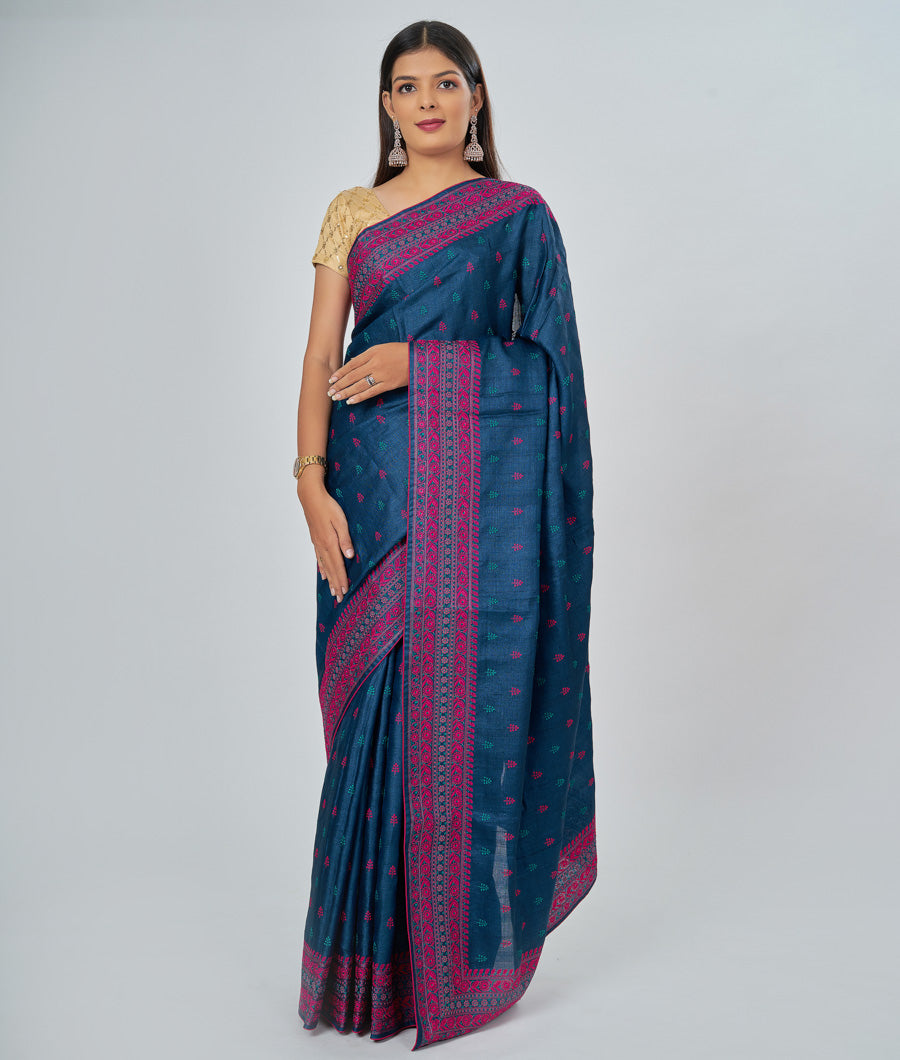 Indigo Blue Tussar Saree Muliti Colour Thread Embroidery - kaystore.in