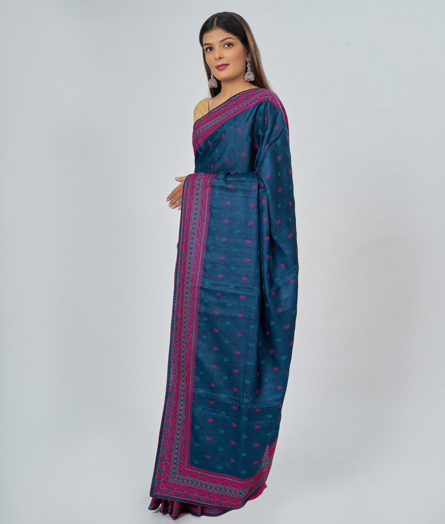 Indigo Blue Tussar Saree Muliti Colour Thread Embroidery - kaystore.in