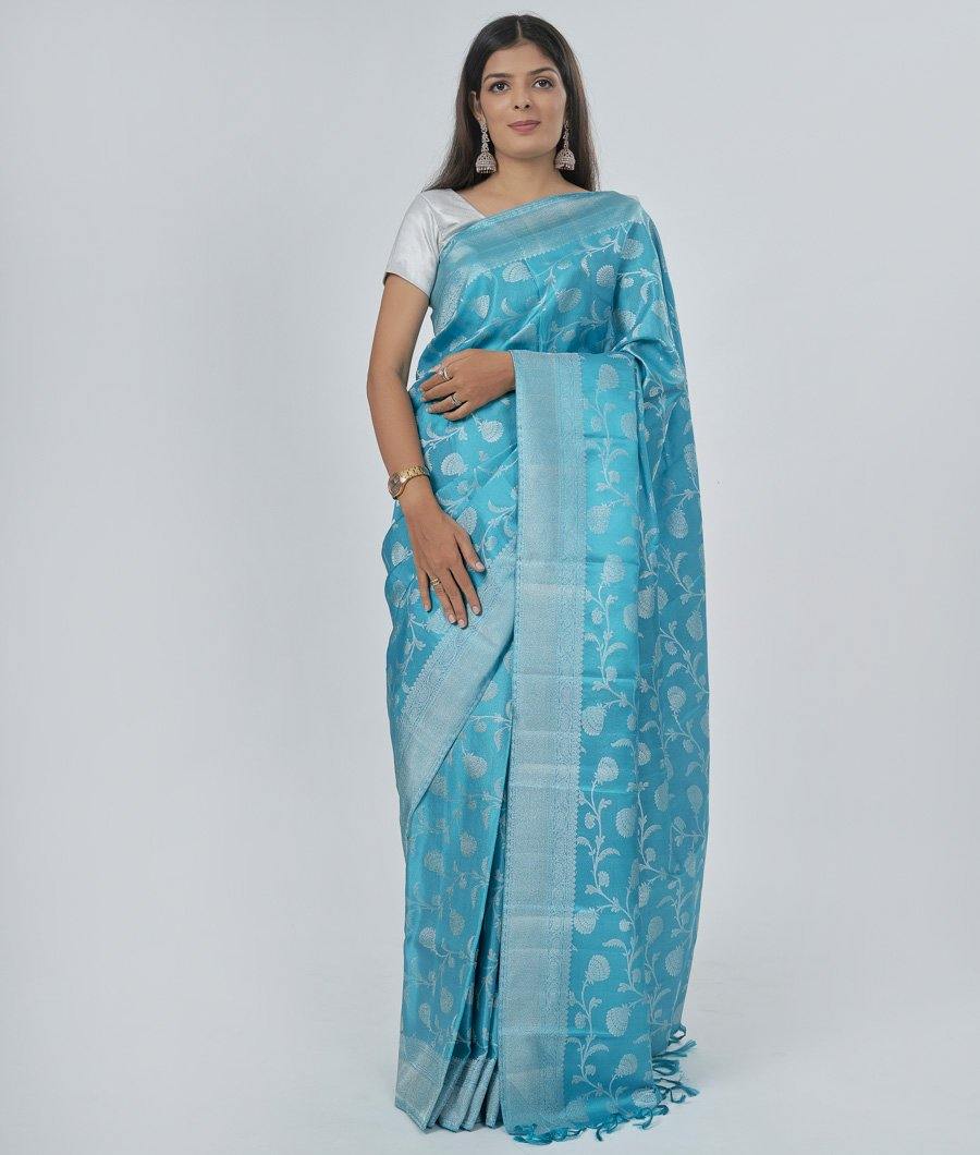 Blue Kanchipuram Saree Silver Zari - kaystore.in