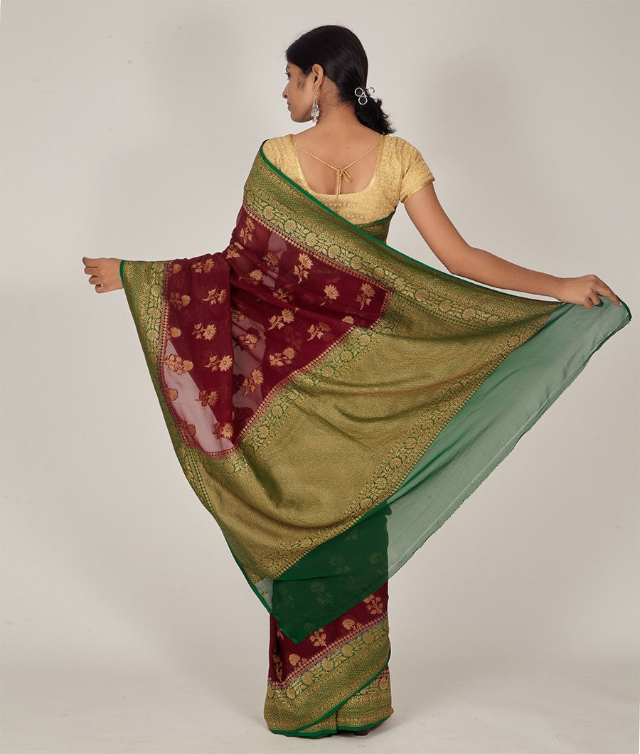 Maroon Banarasi Khaddi Georgette Saree Antique Zari Brocade Blouse Weaving - kaystore.in
