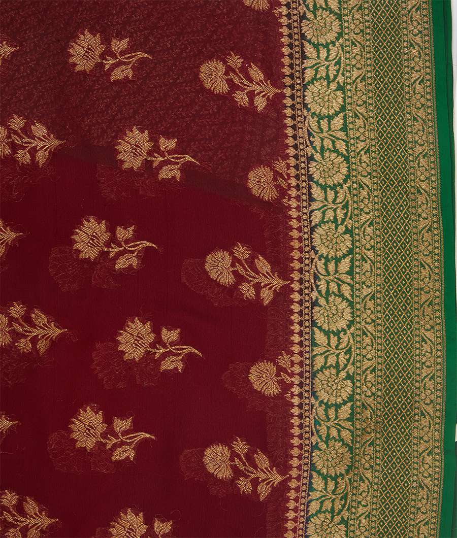 Maroon Banarasi Khaddi Georgette Saree Antique Zari Brocade Blouse Weaving - kaystore.in