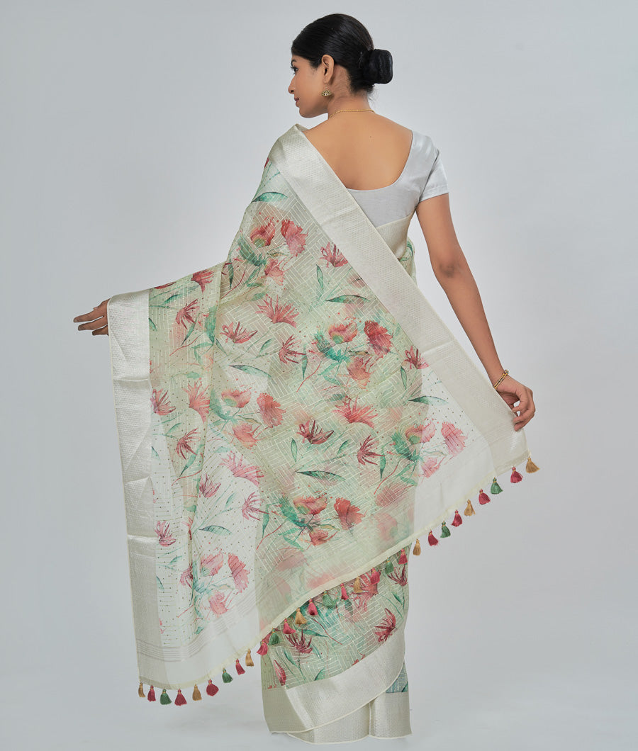 Pista Green Kora Saree Printed With Sequence Work Silver Zari - kaystore.in