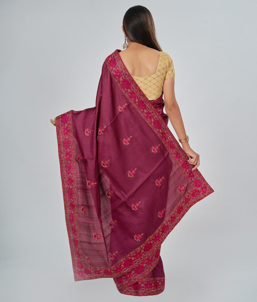 Wine Tussar Saree Thread Embroidery Work - kaystore.in