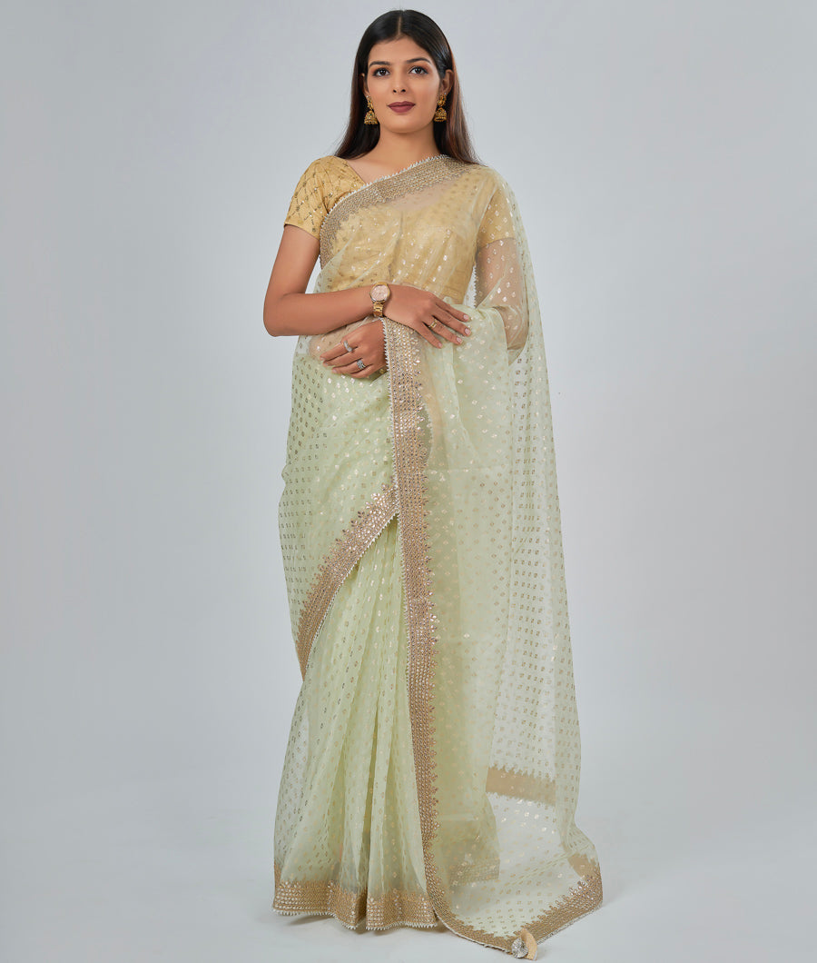 Lite Peach Organza Saree Foil Print With Thread Embroidery And Gota Patti Work - kaystore.in