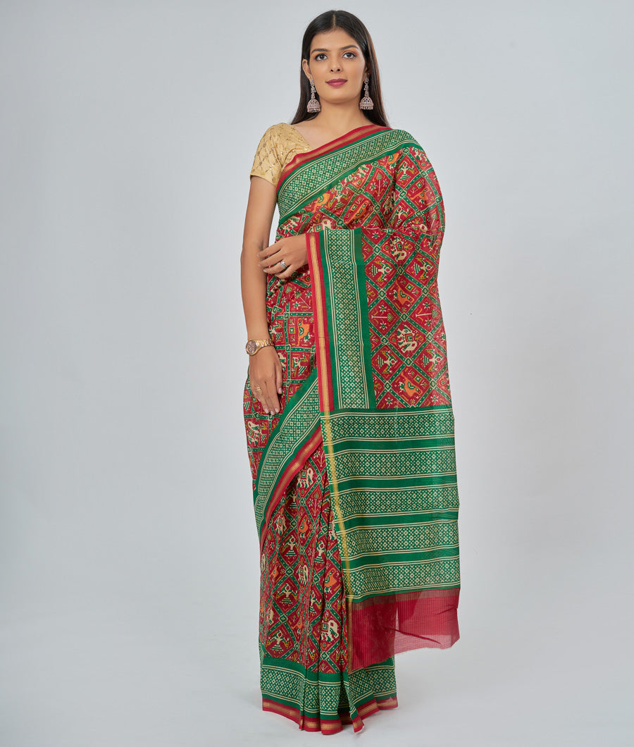 Red Chanderi Saree Ikkat Print - kaystore.in