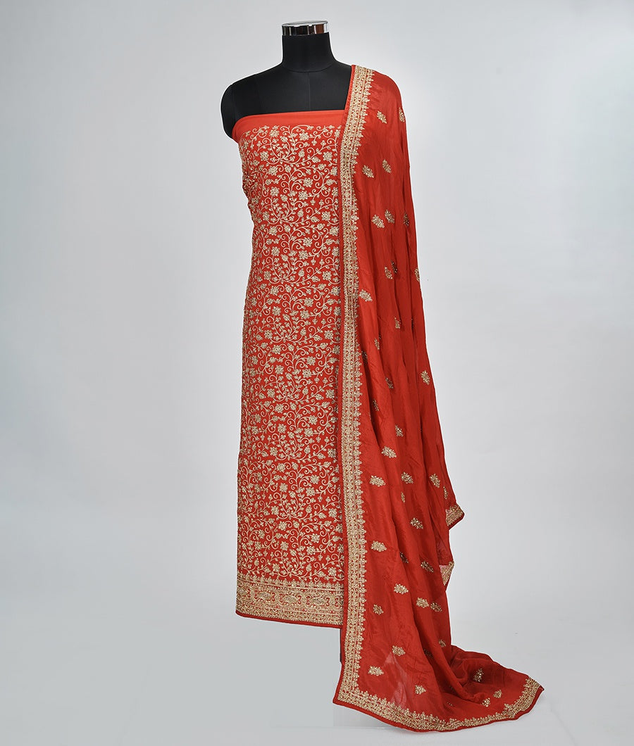 Red Crepe Unstitched Salwar - kaystore.in