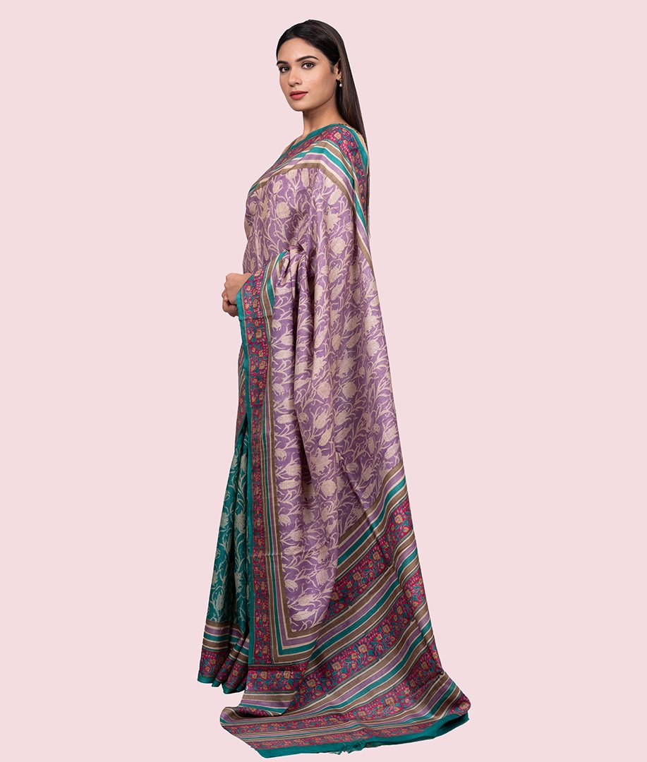 Purple/Green Tussar Silk Saree Printed - kaystore.in