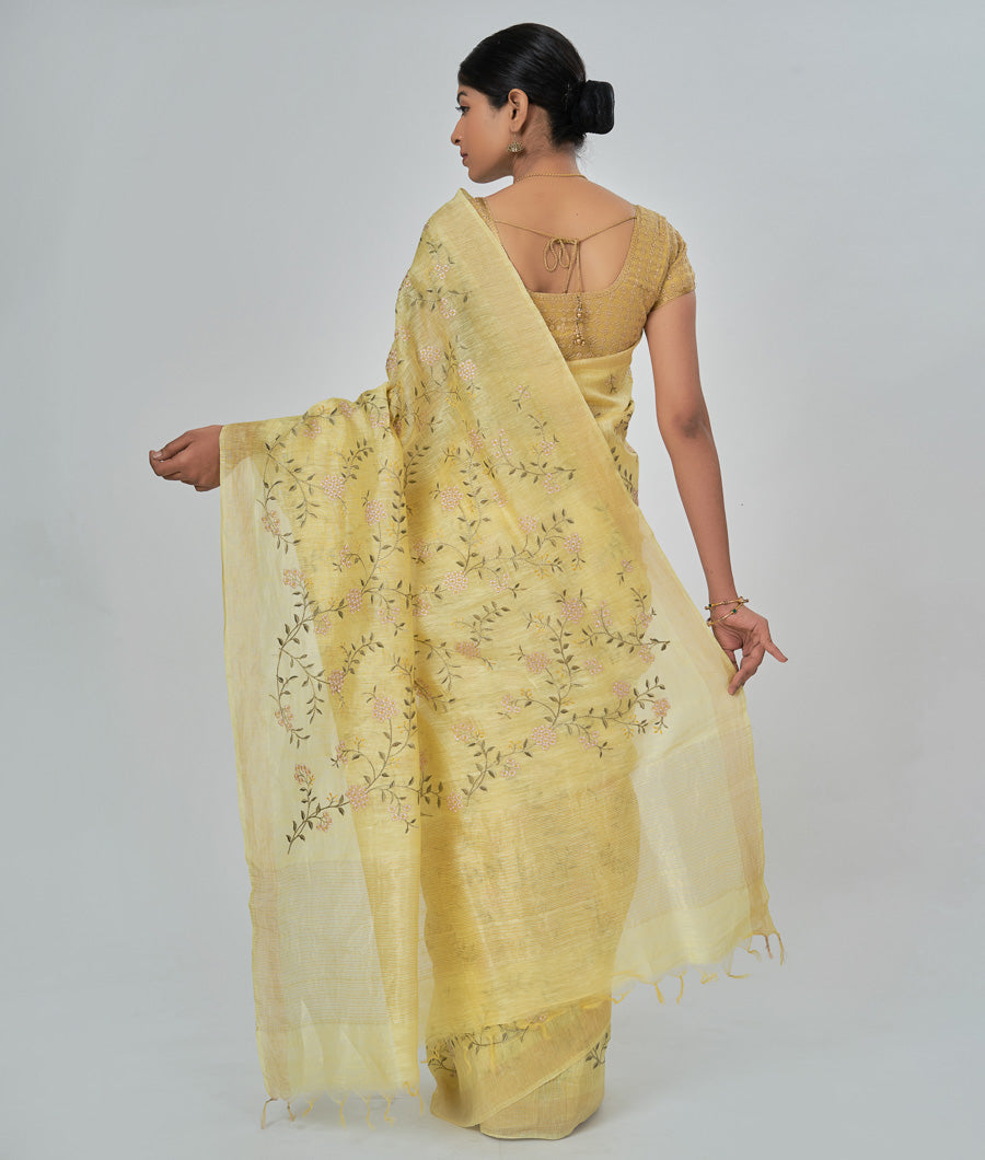 Yellow Linen Saree Thread Embroidery Work - kaystore.in