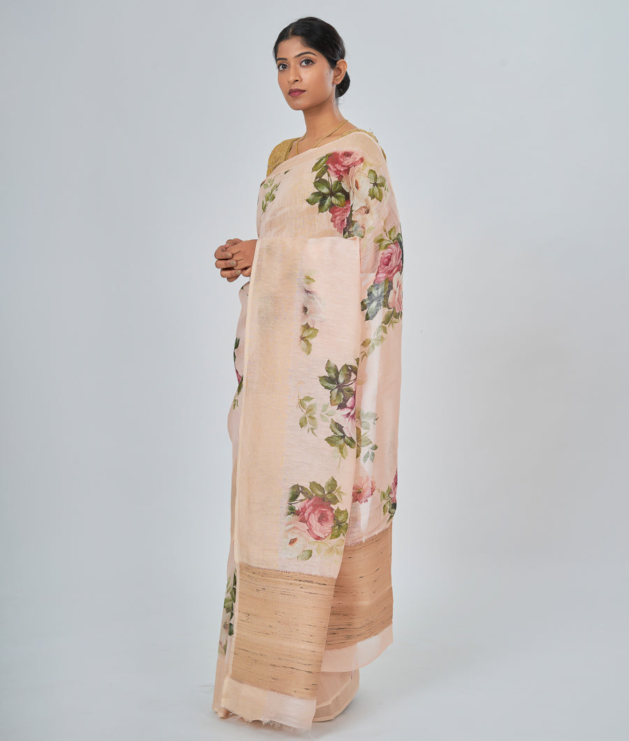 Lite Peach Linen Saree Floral Print - kaystore.in