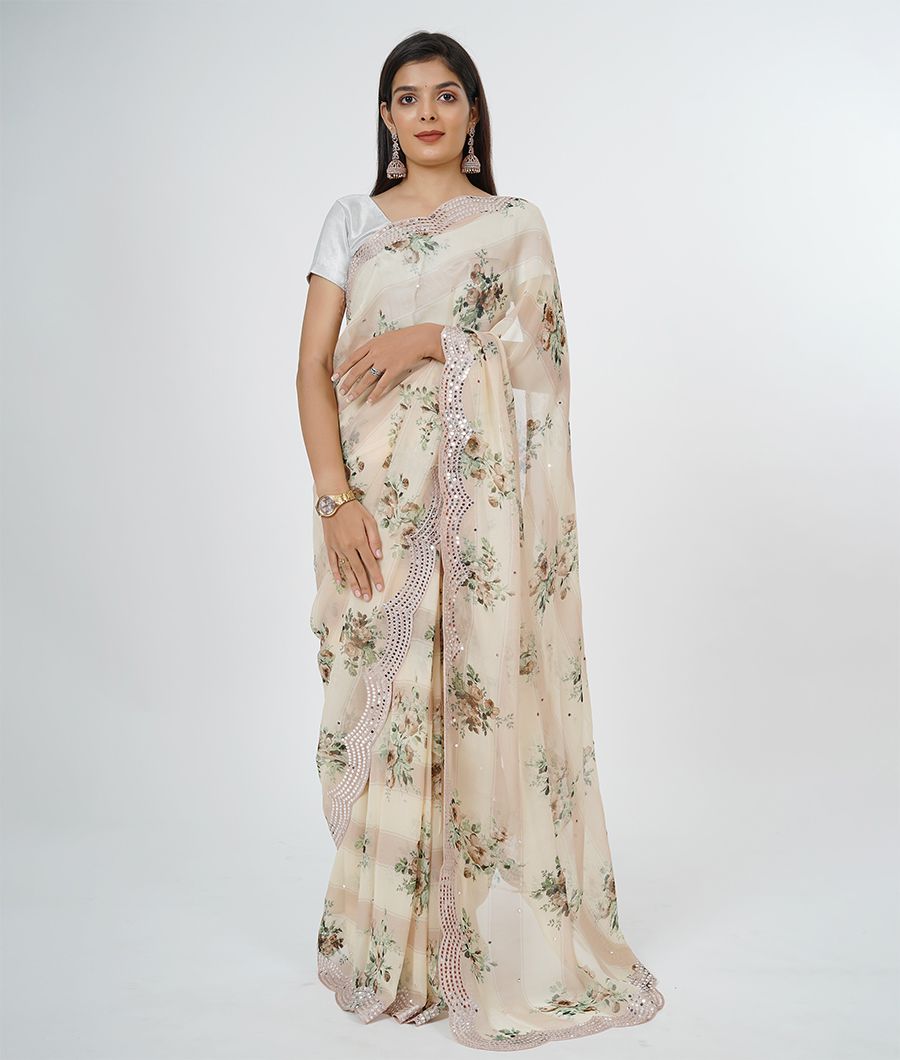 Fawn Tussar Saree Alover Print And Mirror With Thread Work - kaystore.in