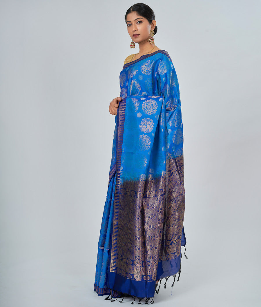 Peacock Blue Soft Silk Saree Gold Zari - kaystore.in