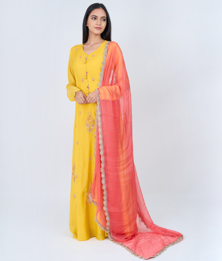 Yellow Thread And Zari Embroidery With Gota Patti And Sequins Work Anarkali Salwar Kameez