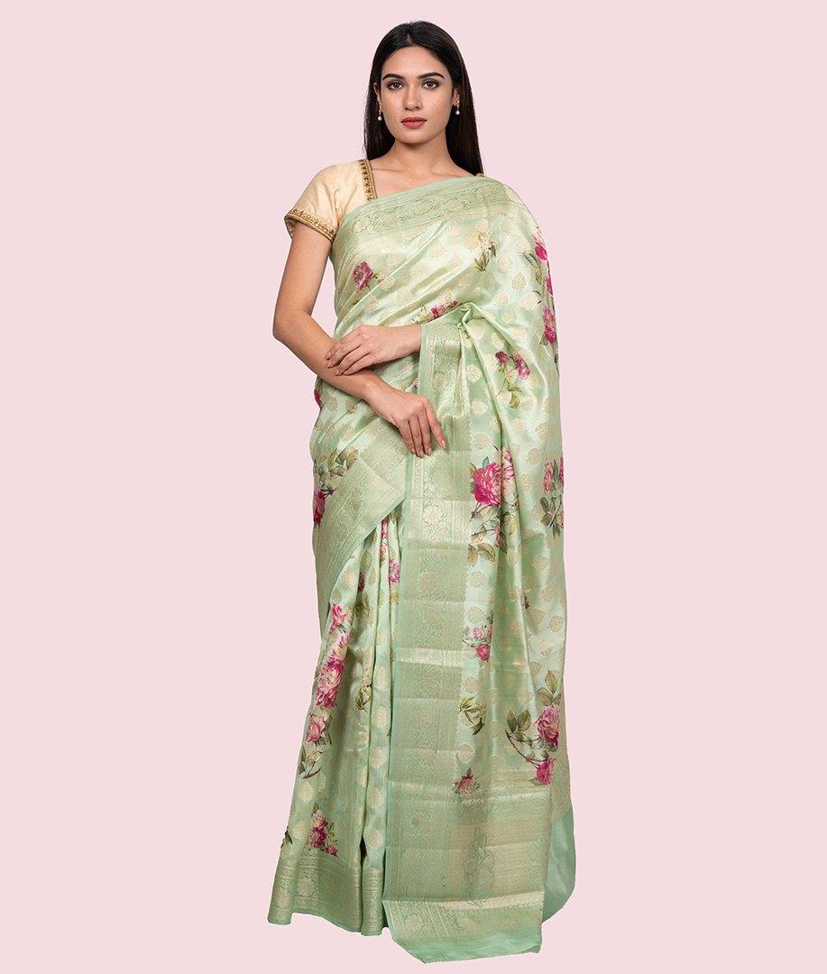 Apple Green Tussar Saree Floral Print In Fany Zari - kaystore.in