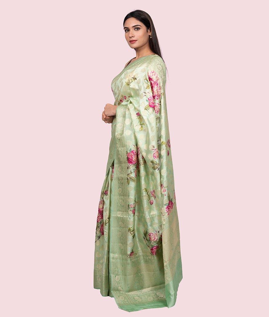 Apple Green Tussar Saree Floral Print In Fany Zari - kaystore.in