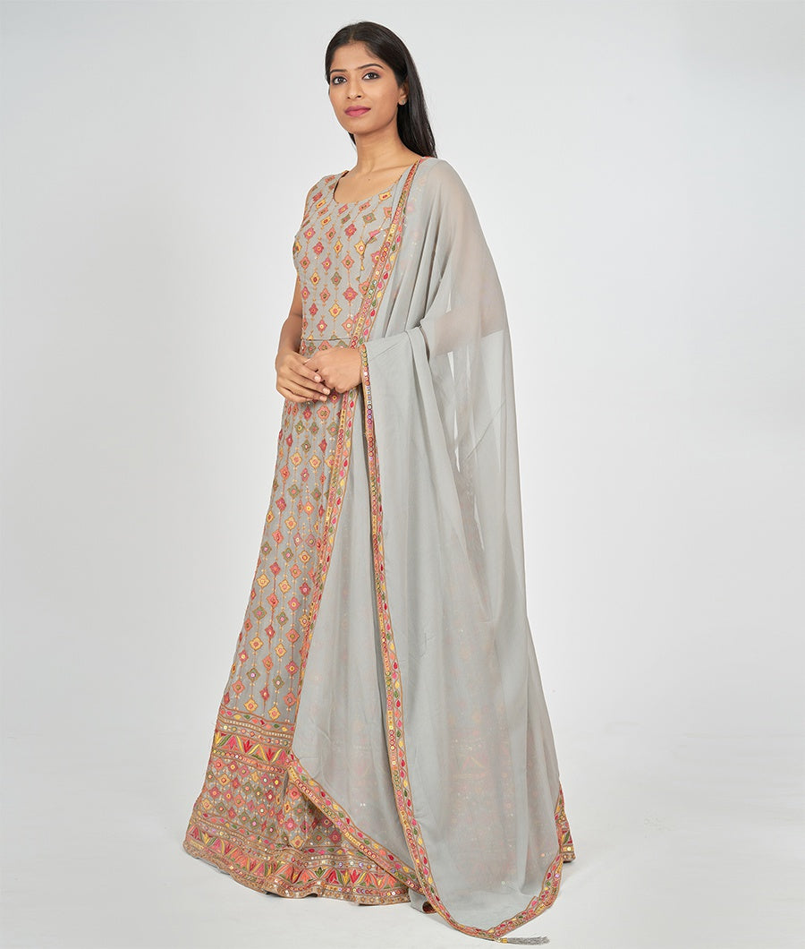 Grey Georgette Multi Colour Resham & Sequins Barfi Jaal Work Anarkali & Dupatta Set