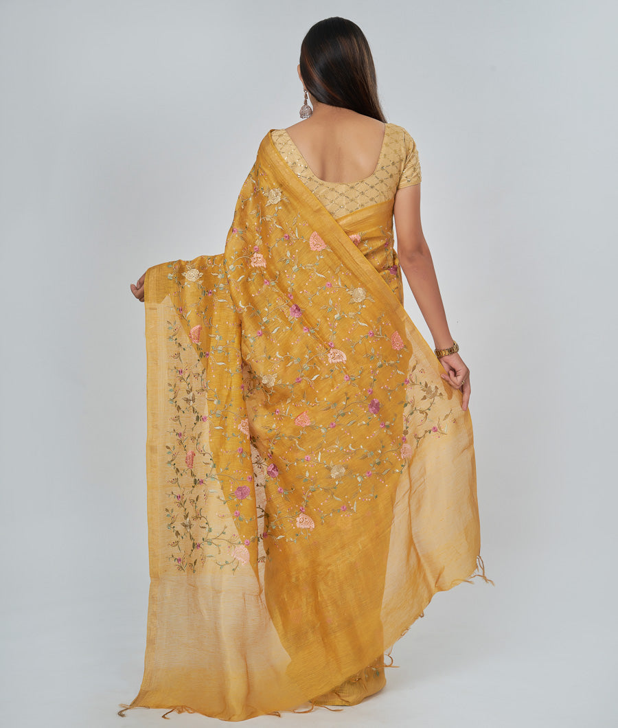 Mustard Linen Saree Thread Embroidery Work - kaystore.in
