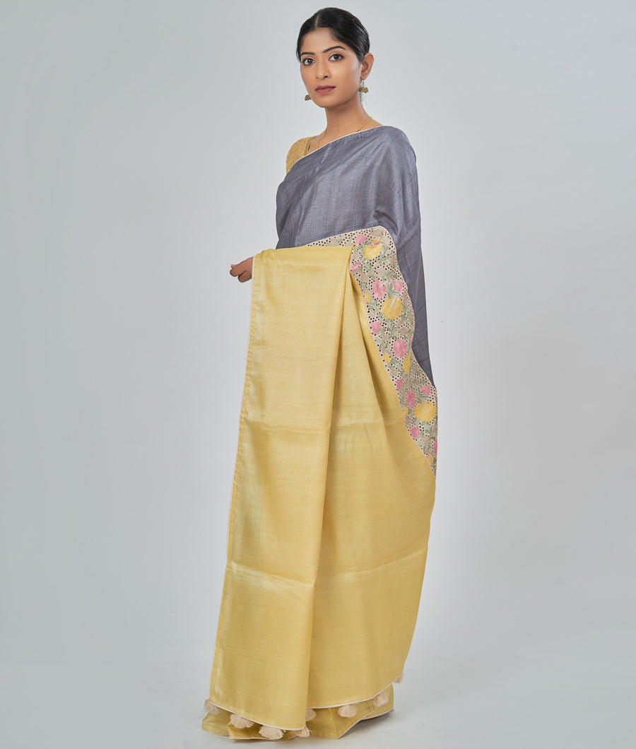 Yellow Tussar Saree Rising Pallu With Cutwork Design - kaystore.in