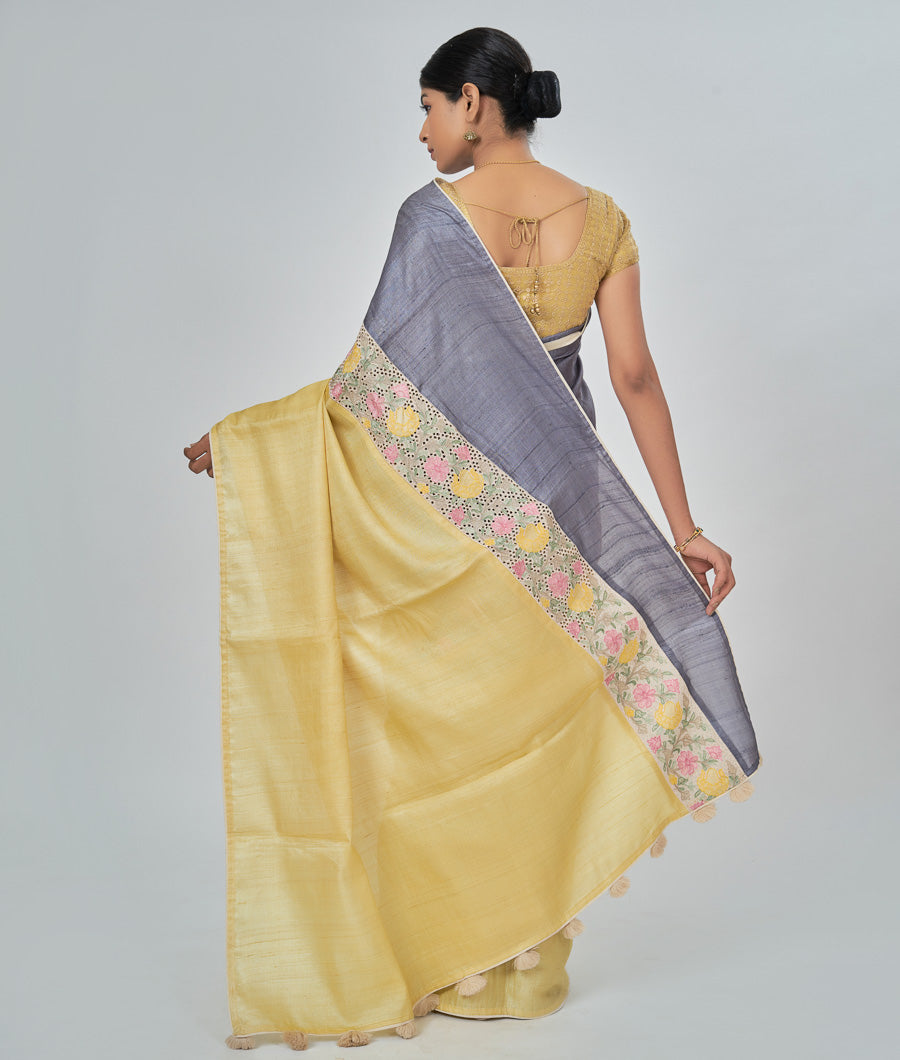 Yellow Tussar Saree Rising Pallu With Cutwork Design - kaystore.in