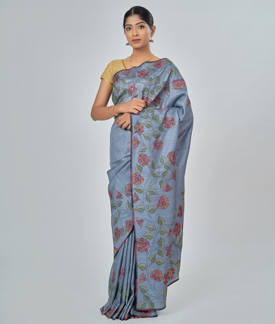Grey Tussar Saree Thread Embroidery With Sequence And Mirror Work - kaystore.in