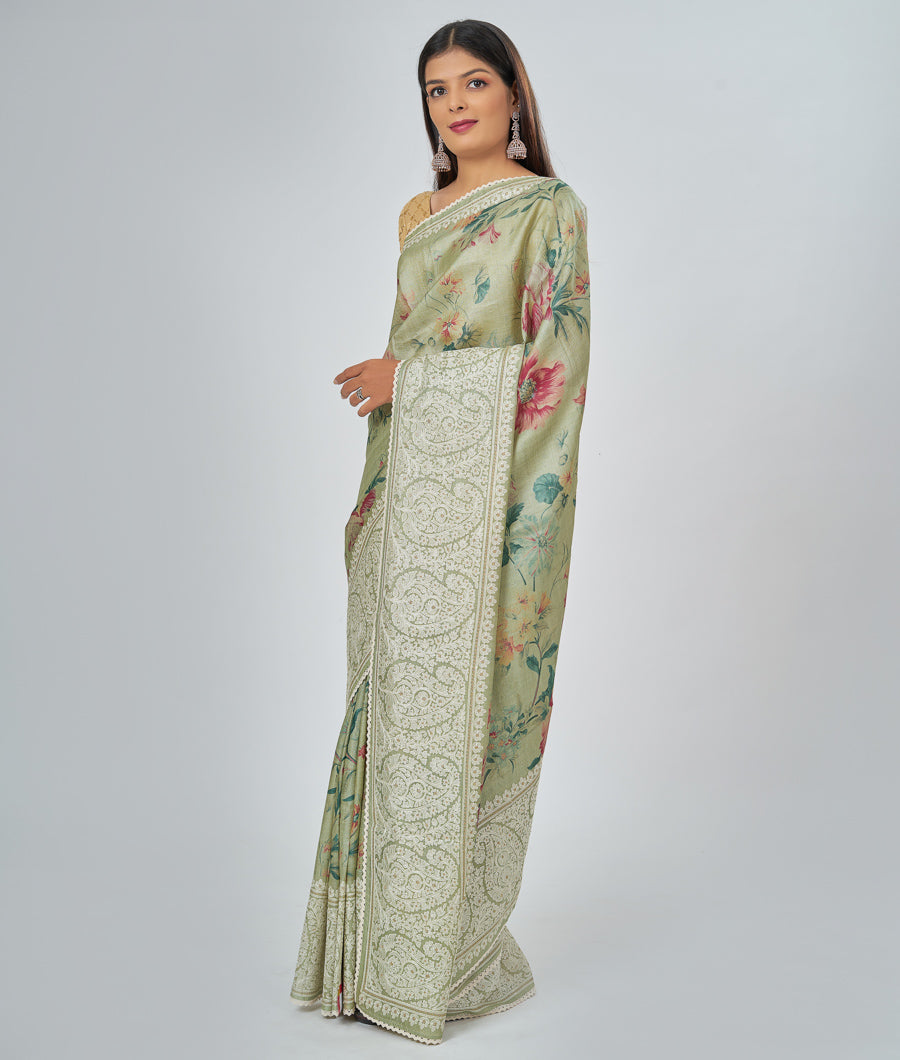 Pista Green Tussar Saree Thread Embroidery With Floral Print - kaystore.in