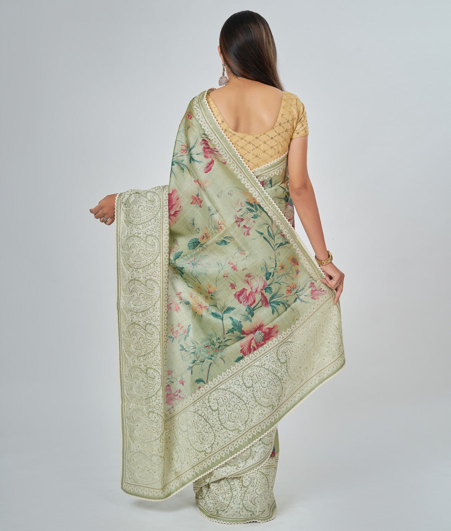 Pista Green Tussar Saree Thread Embroidery With Floral Print - kaystore.in