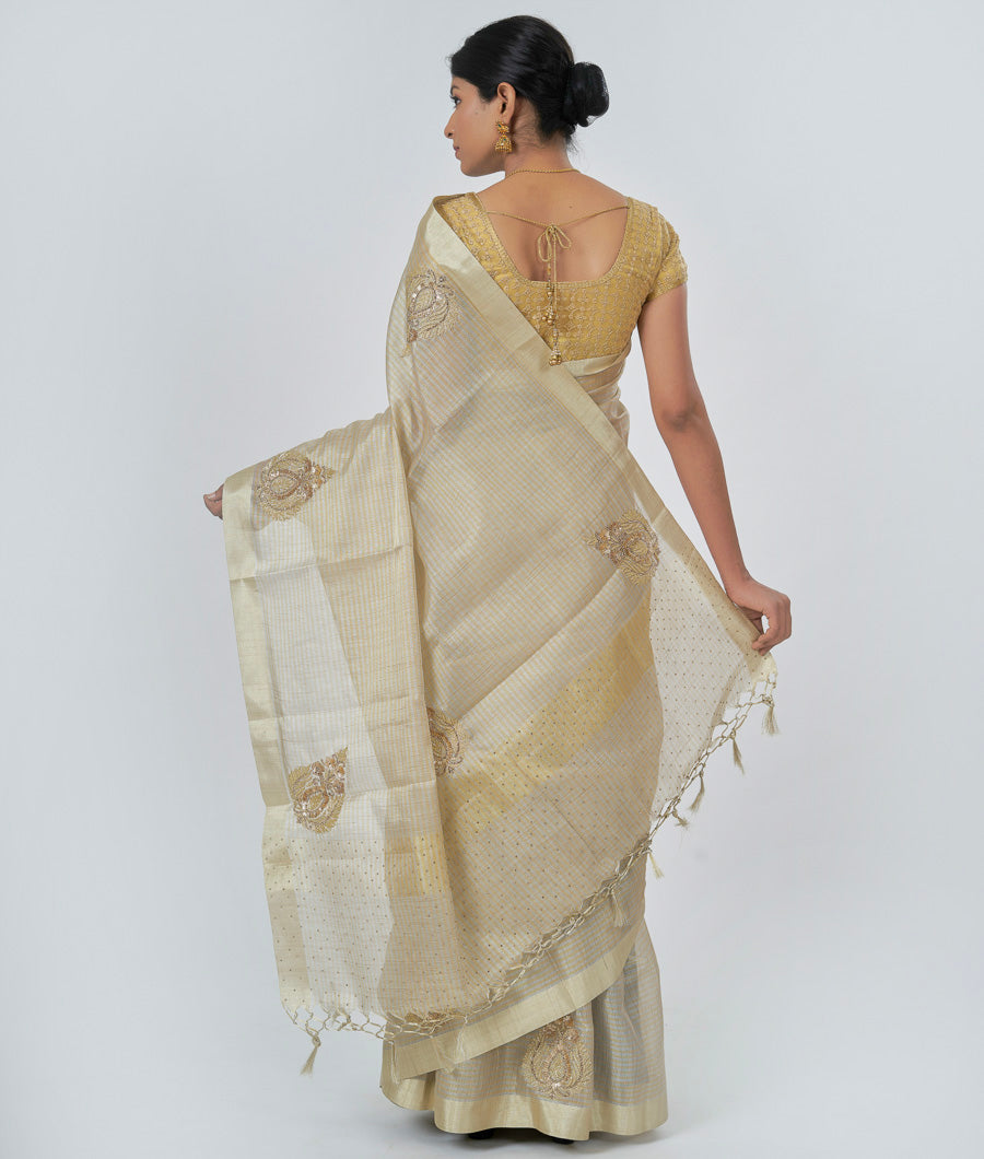 Silver With Gold Tissue Saree Sequence And Cutdana And Stone Work - kaystore.in