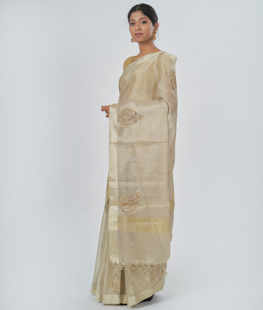 Silver With Gold Tissue Saree Sequence And Cutdana And Stone Work - kaystore.in