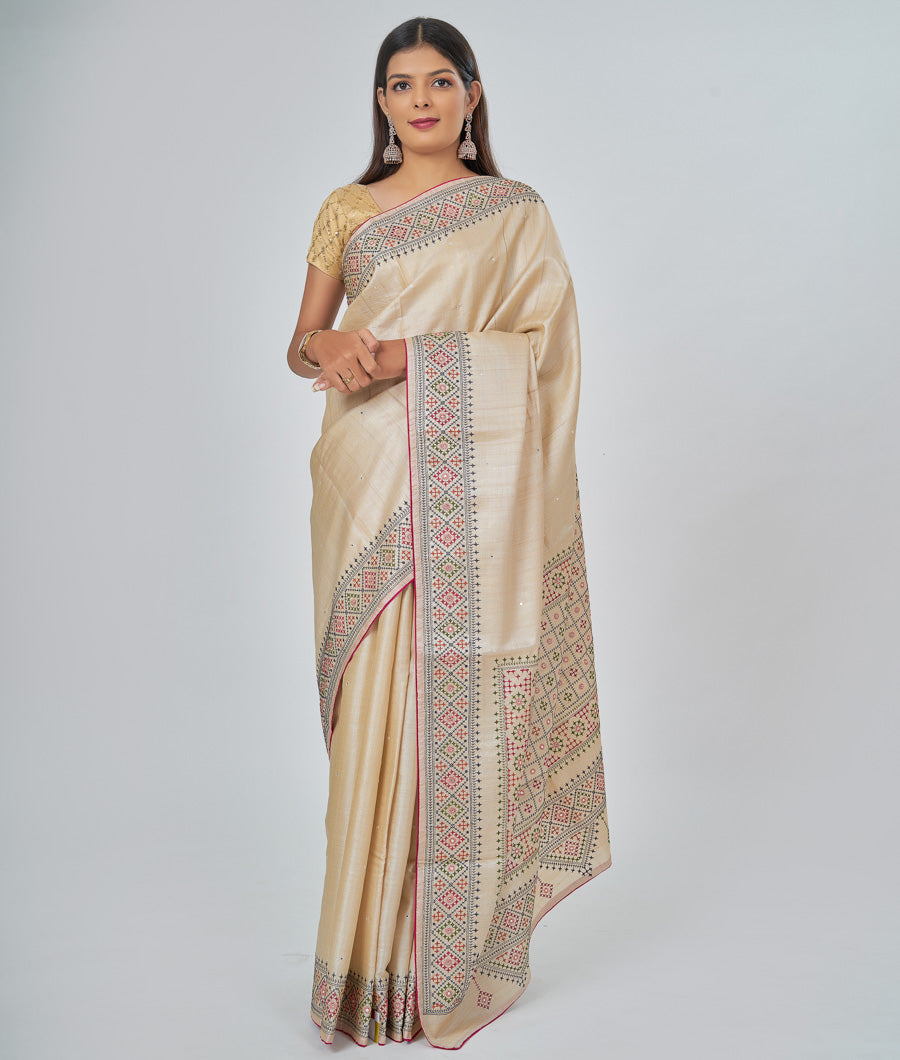 Off White Tussar Saree Thread Embroidery With Mirror Work - kaystore.in