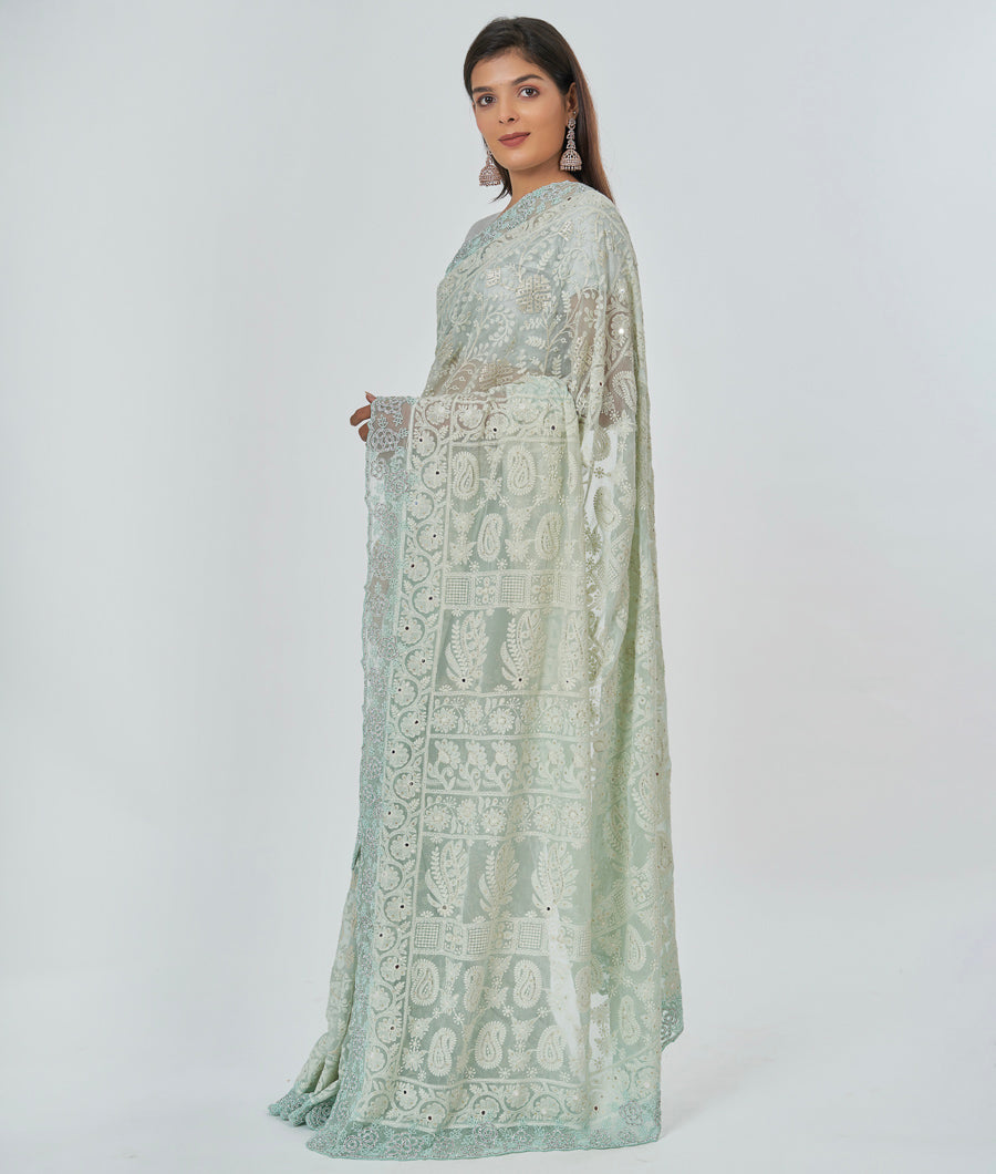 Sea Green Georgette Saree Chikankari With Pearl And Stone Work - kaystore.in