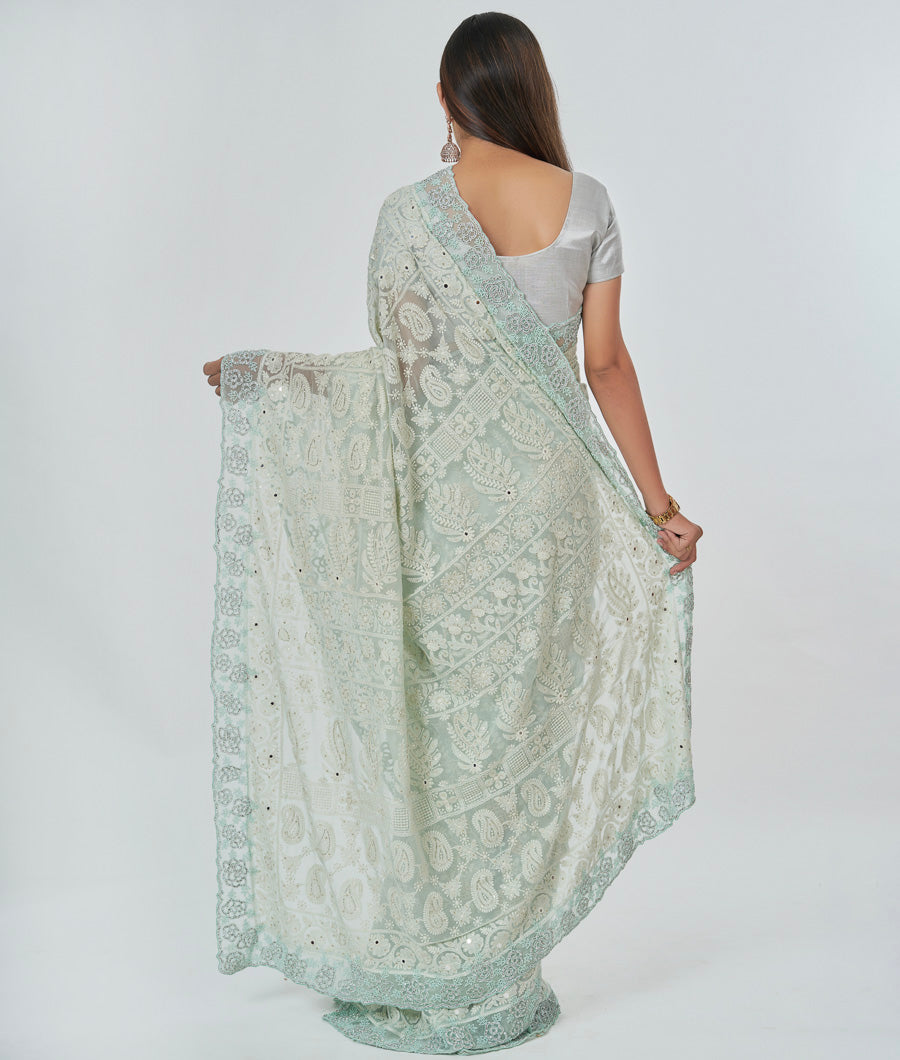 Sea Green Georgette Saree Chikankari With Pearl And Stone Work - kaystore.in