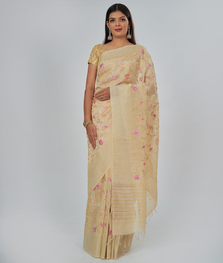 Lite Yellow Linen Saree Thread Embroidery With Floral Print Gold Zari - kaystore.in