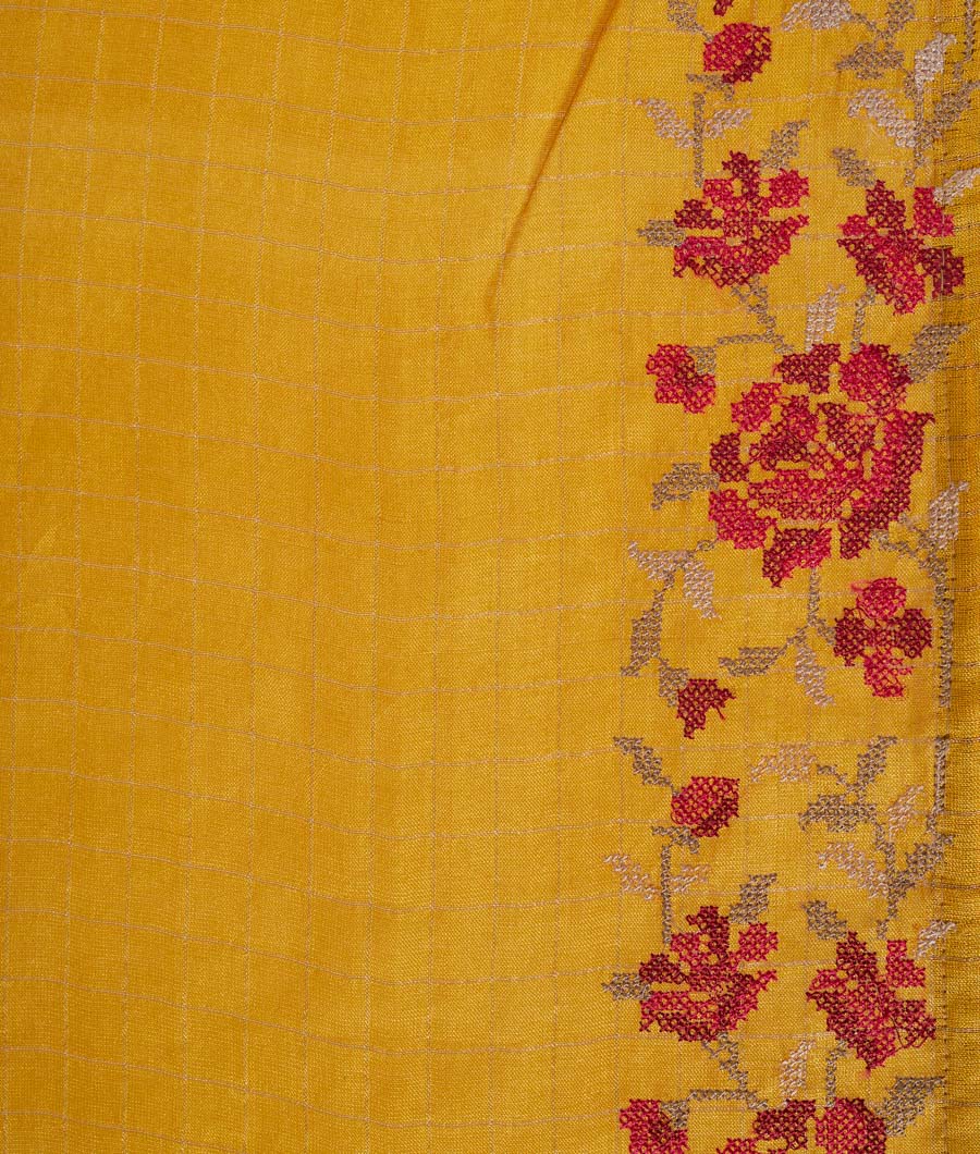 Yellow Tussar Saree Checks & Stripes And Cross Stich Work - kaystore.in