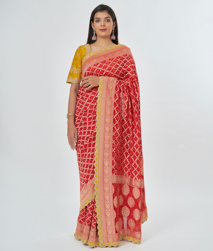Red Georgette Saree Bandhani Print Saree With Zardosi Work And Ready Blouse - kaystore.in