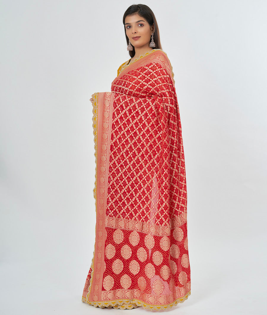 Red Georgette Saree Bandhani Print Saree With Zardosi Work And Ready Blouse - kaystore.in