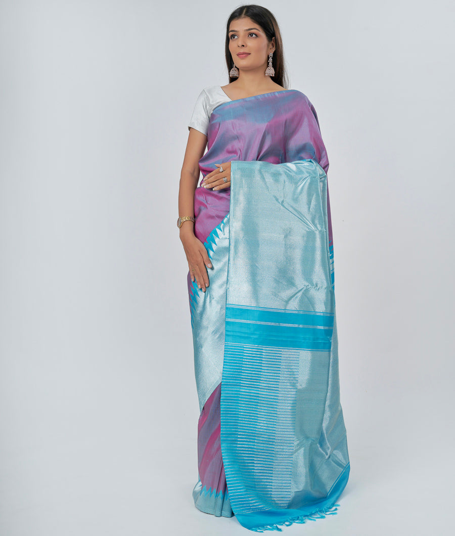 Blue With Onion Pink Kanchipuram Saree Double Colour Saree Silver Zari - kaystore.in