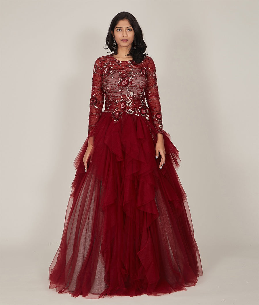 Red Tulle Cutdana, Sequins & Crystal Stone Work Ruffled Double Layered Shimmer Ball Gown
