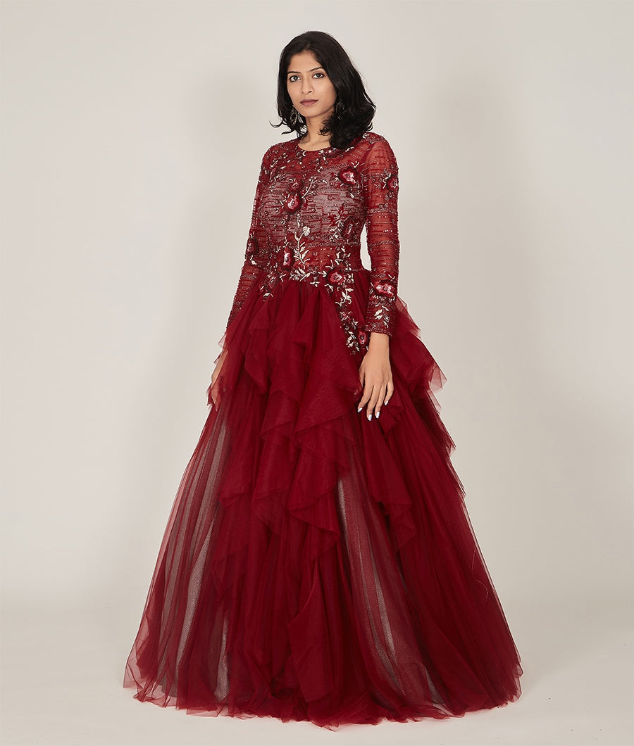 Red Tulle Cutdana, Sequins & Crystal Stone Work Ruffled Double Layered Shimmer Ball Gown