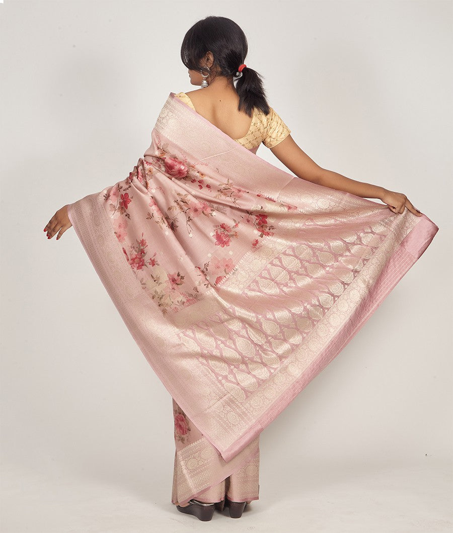 Onion Pink Banarasi Tussar Silk Saree Antique Zari Digital Print - kaystore.in