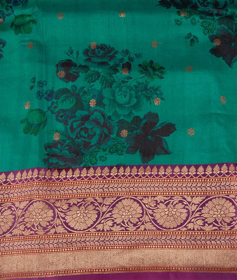 Green Banarasi Tussar Silk Saree Antique Zari Digital Print - kaystore.in