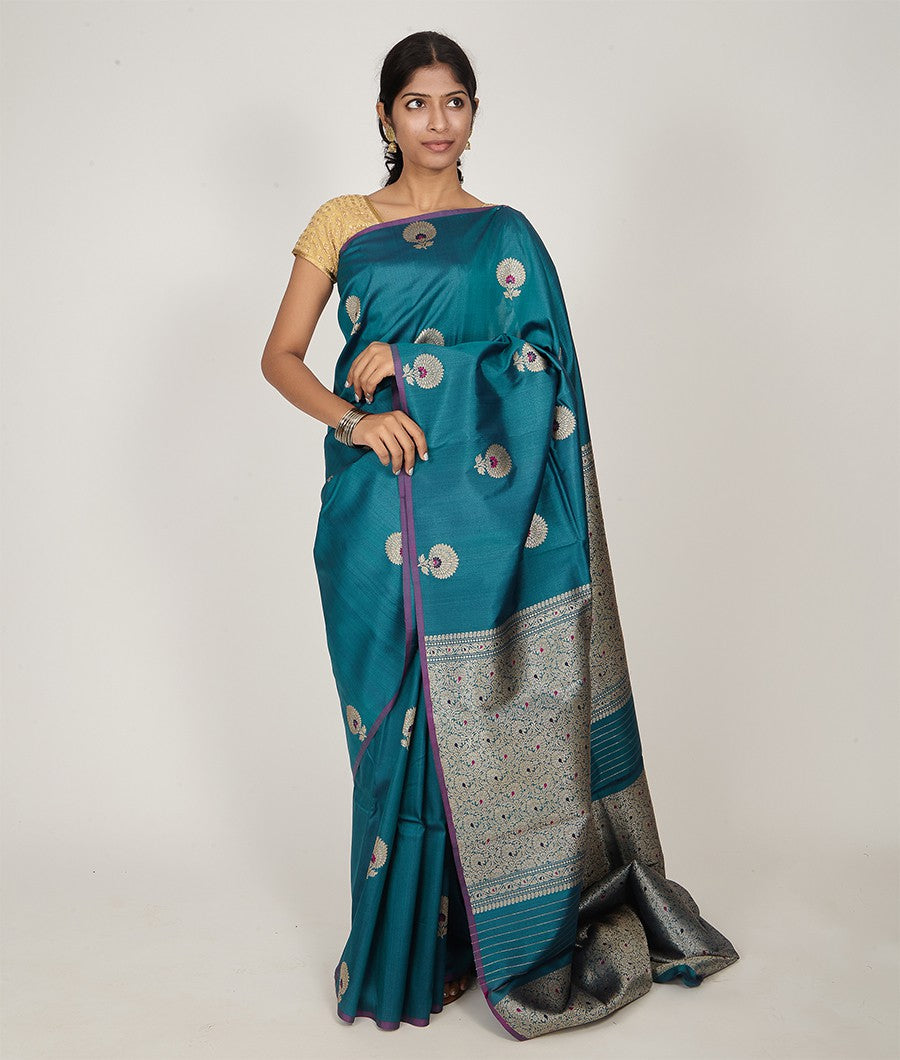 Rama Blue Banarasi Tussar Silk Saree Gold Zari Brocade Blouse With Meenakari Work - kaystore.in