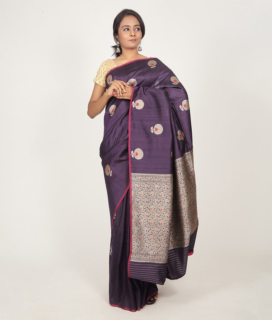 Purple Banarasi Dupion Silk Saree Gold Zari Brocade Blouse With Meenakari Work - kaystore.in