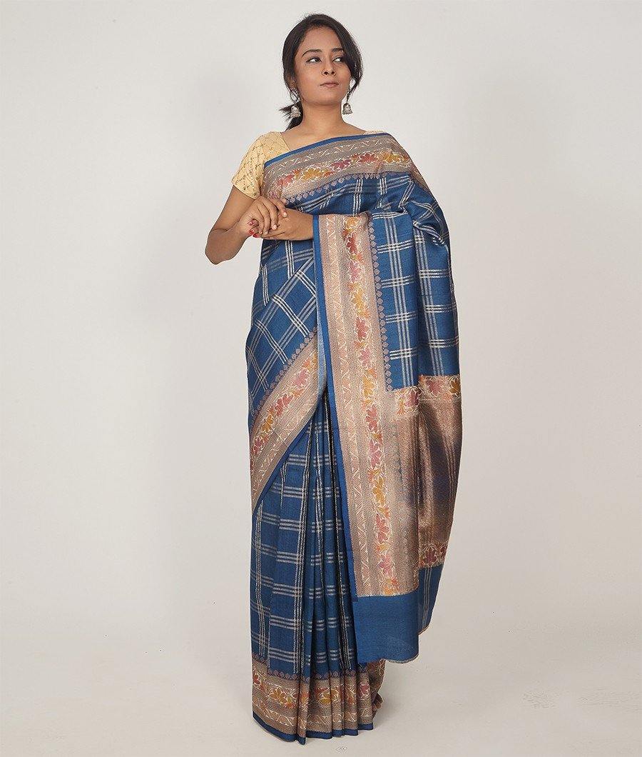 Blue Banarasi Tussar Silk Saree Gold Zari Checkered Body - kaystore.in
