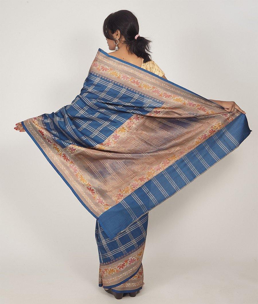 Blue Banarasi Tussar Silk Saree Gold Zari Checkered Body - kaystore.in