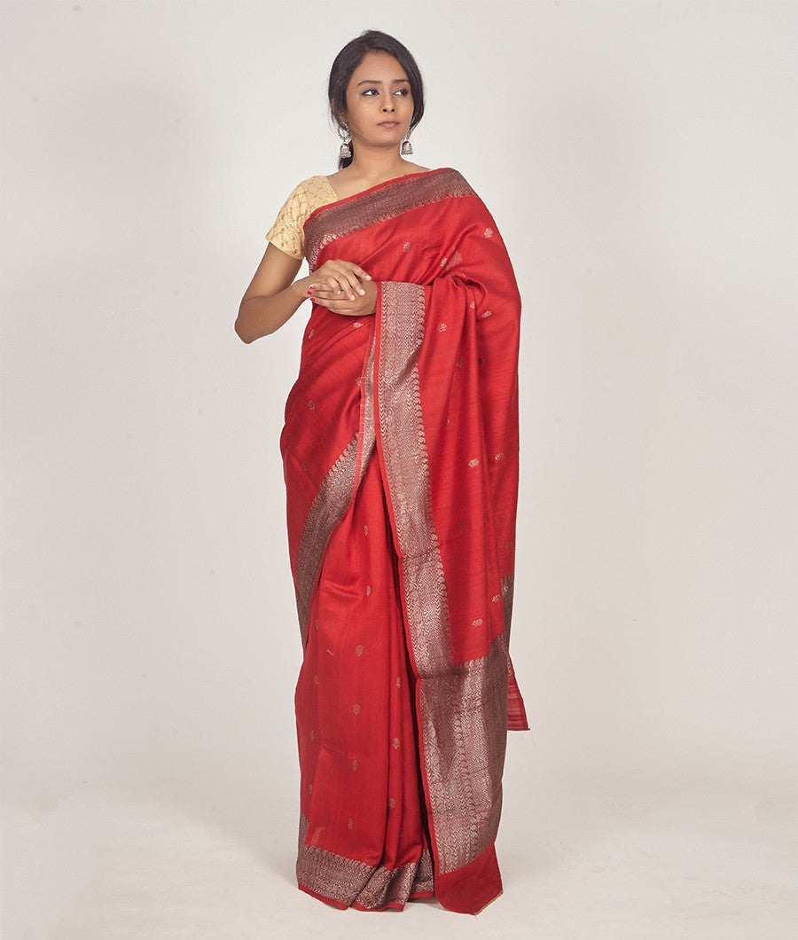 Red Banarasi Dupion Silk Saree Antique Zari - kaystore.in
