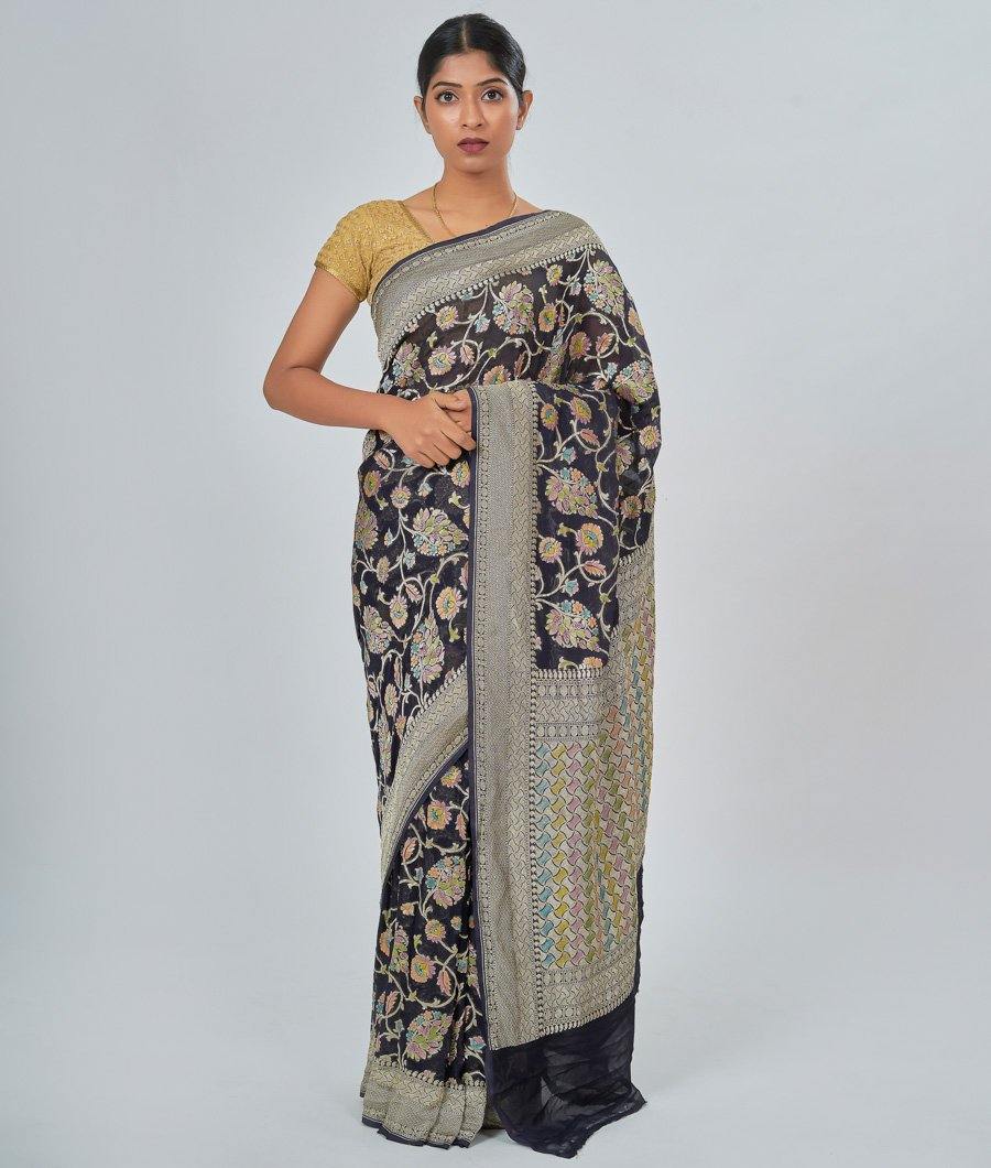 Black Khaddi Saree Khaddi Georgette With Floral Print Gold Zari - kaystore.in