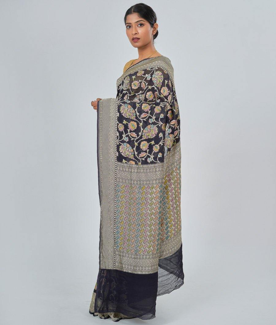 Black Khaddi Saree Khaddi Georgette With Floral Print Gold Zari - kaystore.in