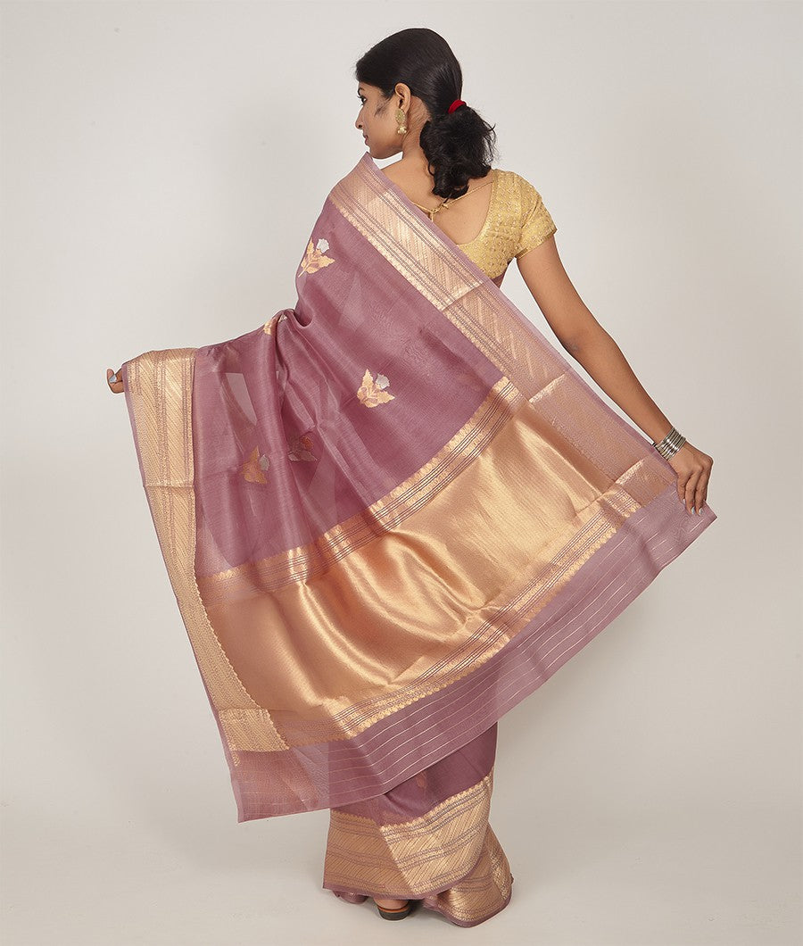 Onion Pink Banarasi Kora Silk Saree Gold Zari Alover Gold With Silver Zari - kaystore.in